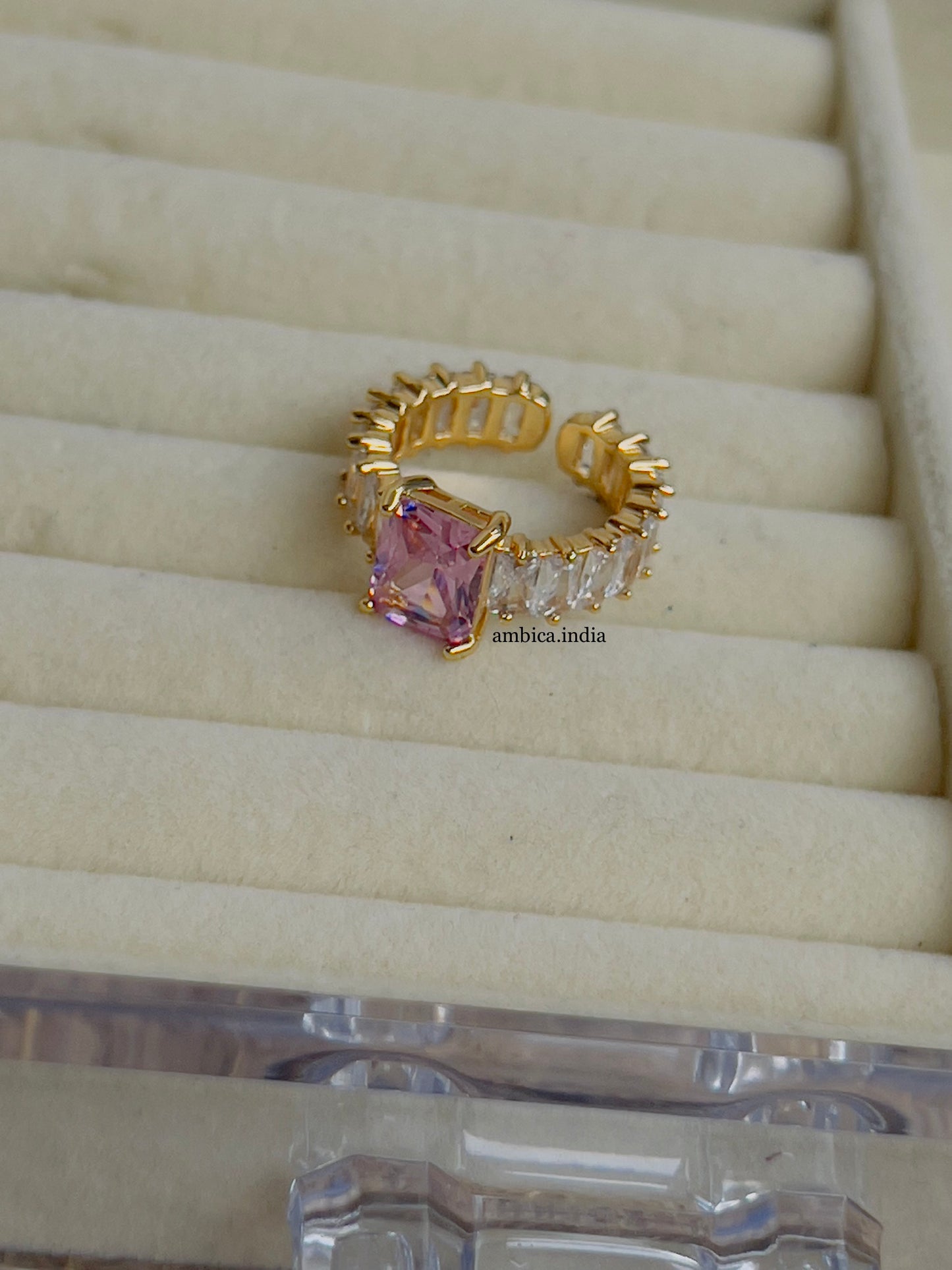 Pink square crystal adjustable ring