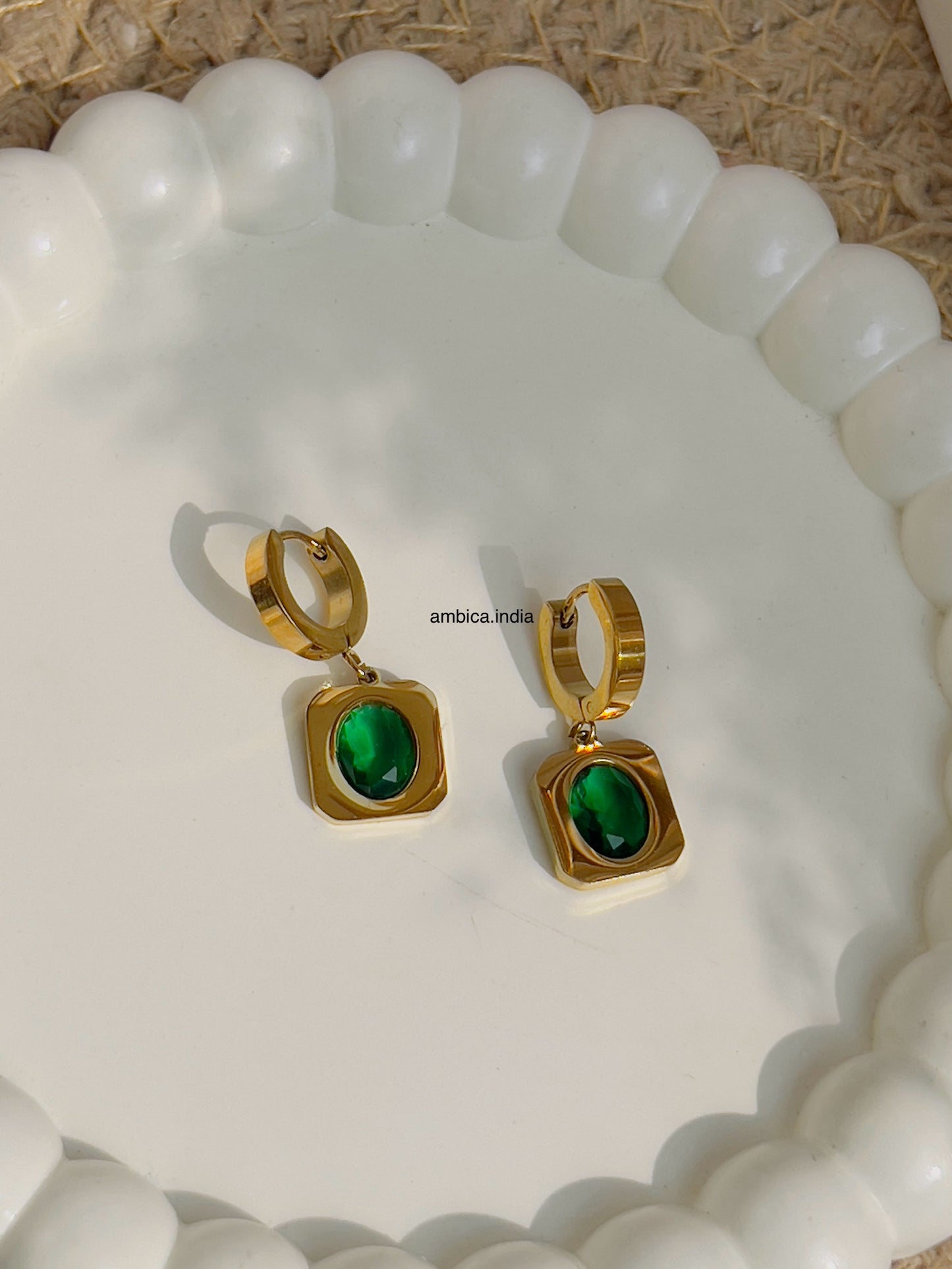 Square green crystal earrings