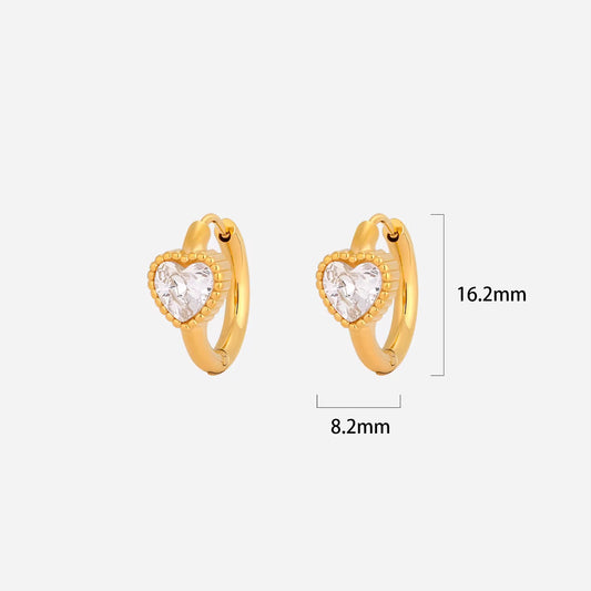Heart white crystal bezel huggie earrings