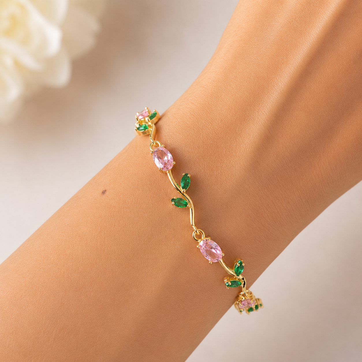 Pink with green tulip bracelet