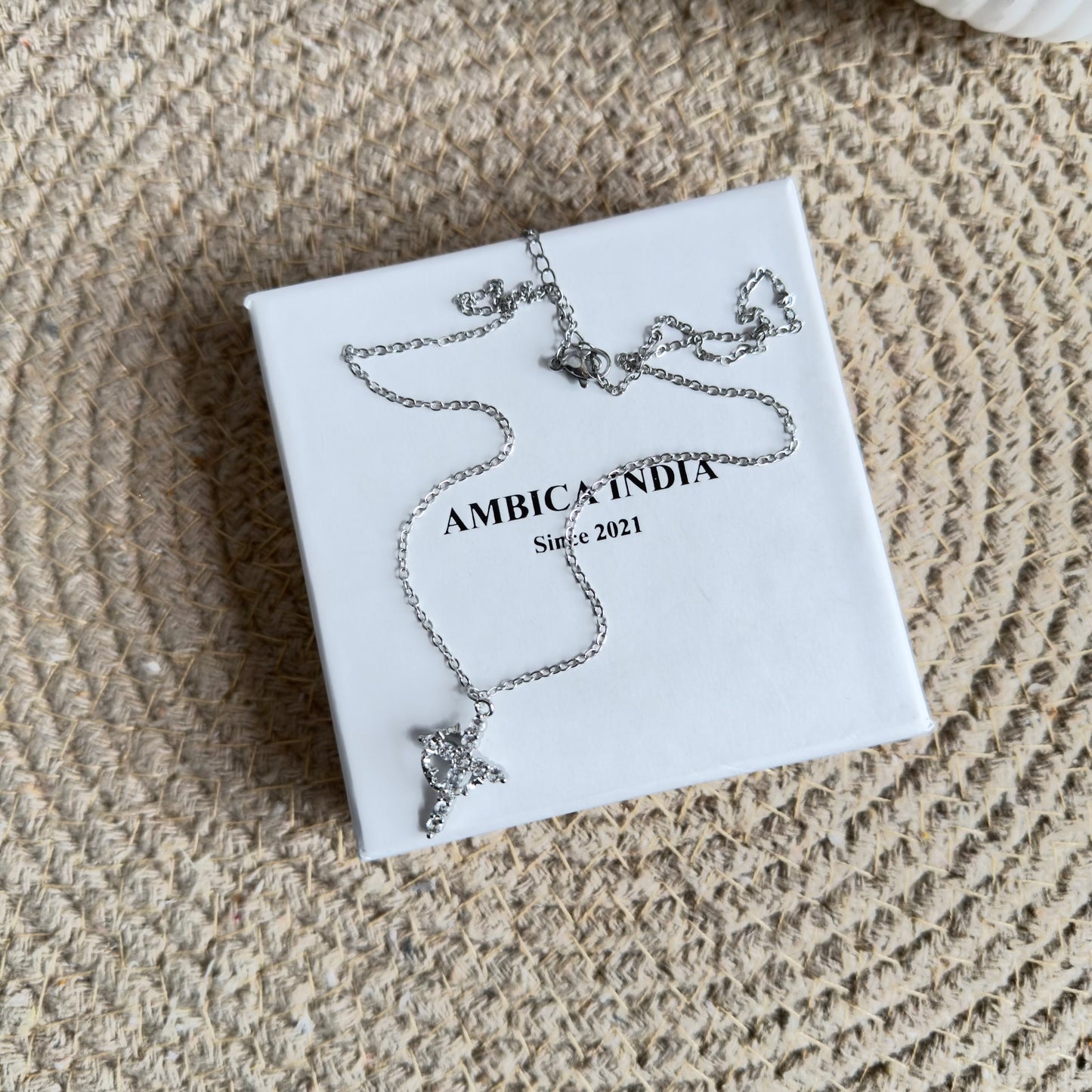 White crystal cross necklace silver plated