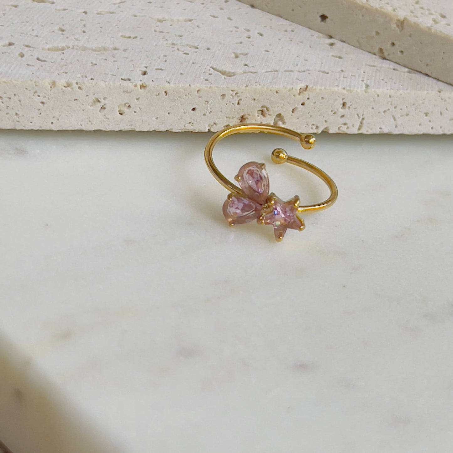 Flower pink crystal adjustable ring