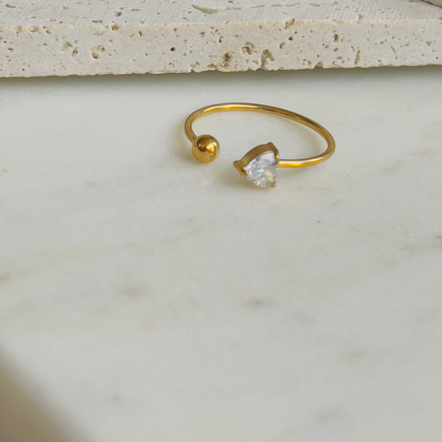 White crystal heart with ball adjustable ring