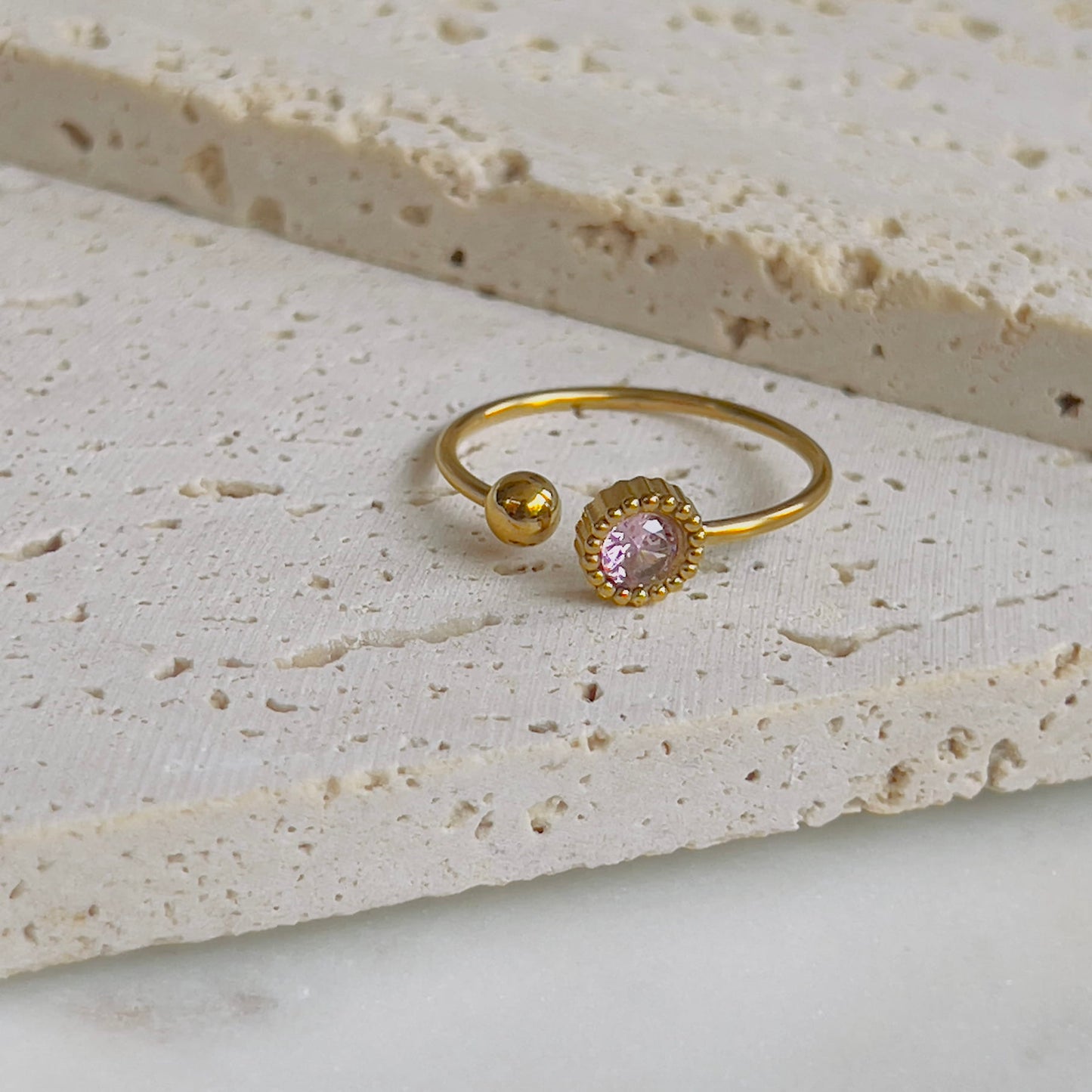 Tiny round pink crystal adjustable ring
