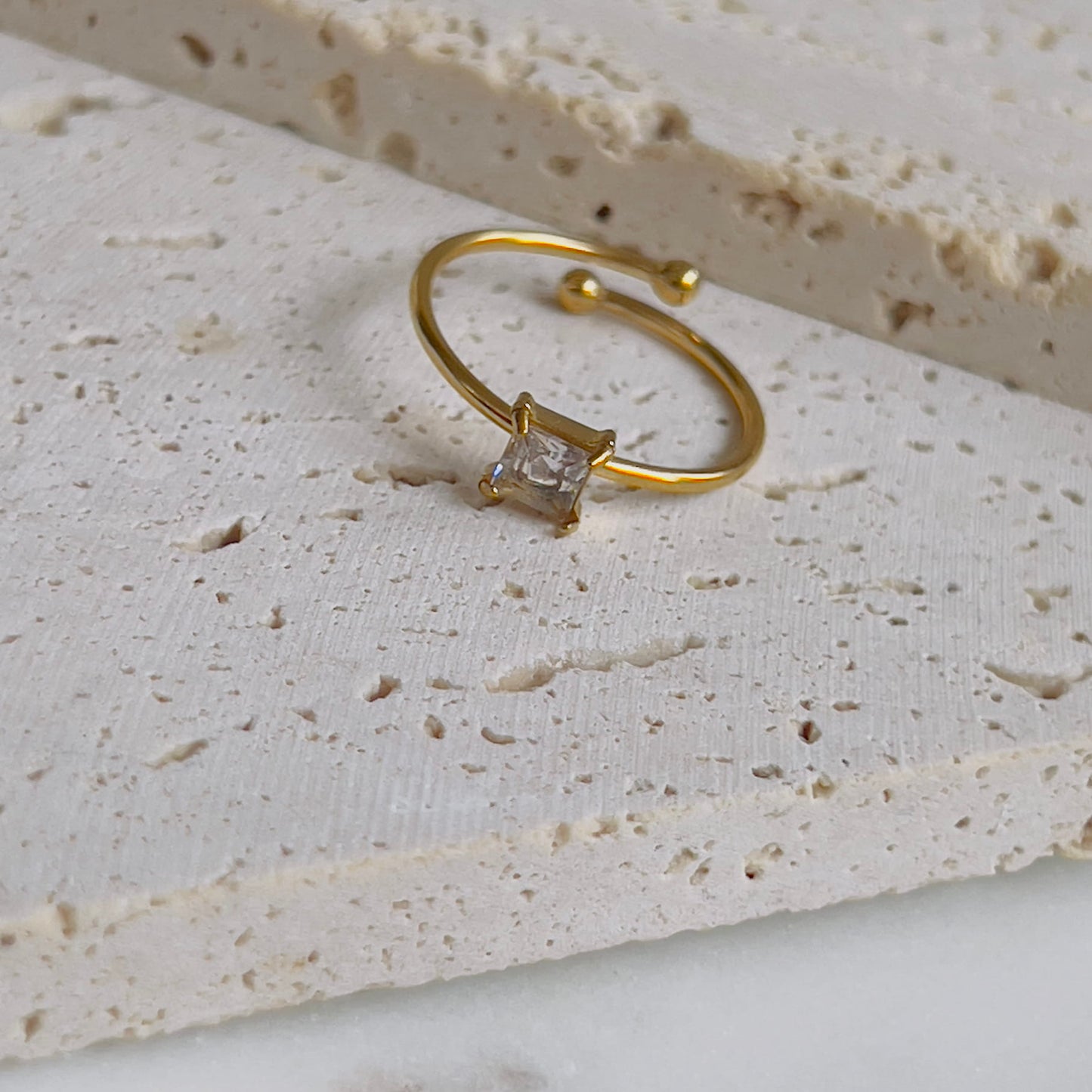 Tiny square white crystal adjustable ring