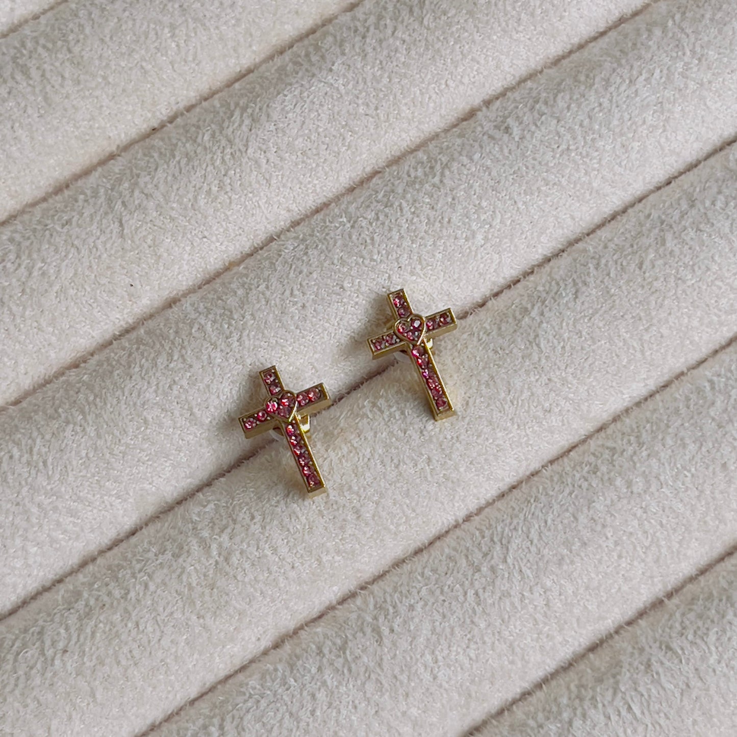 Cross pink heart crystal earrings