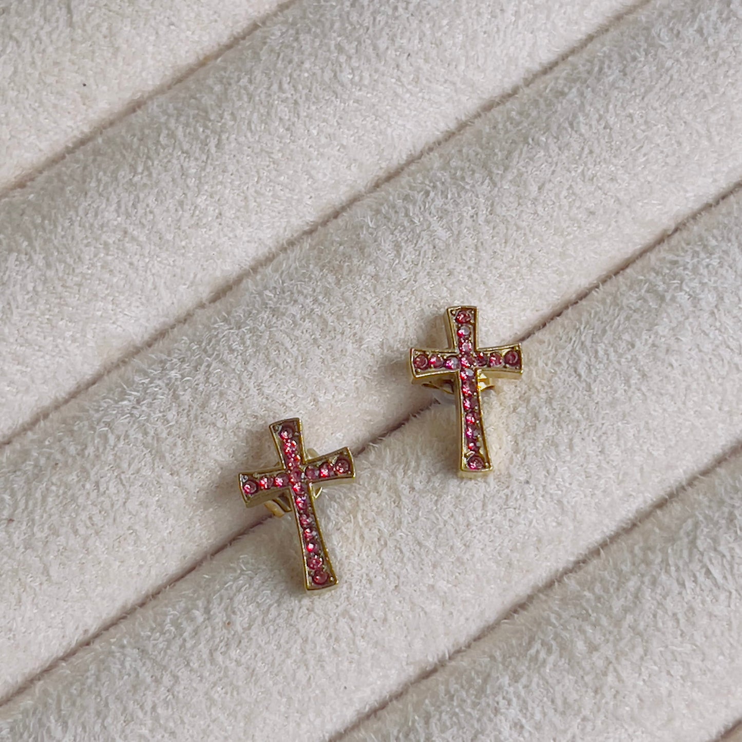 Crystal pink cross earrings