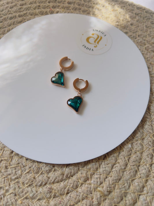 Green Heart Crystal Drop Earrings