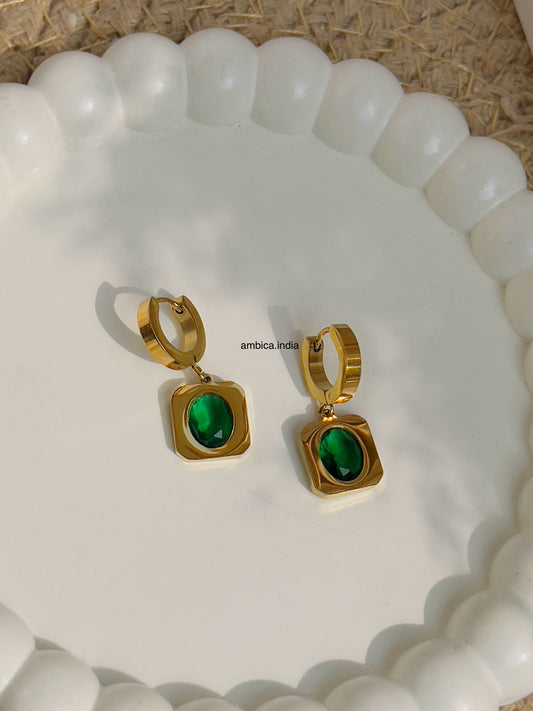 Square green crystal earrings