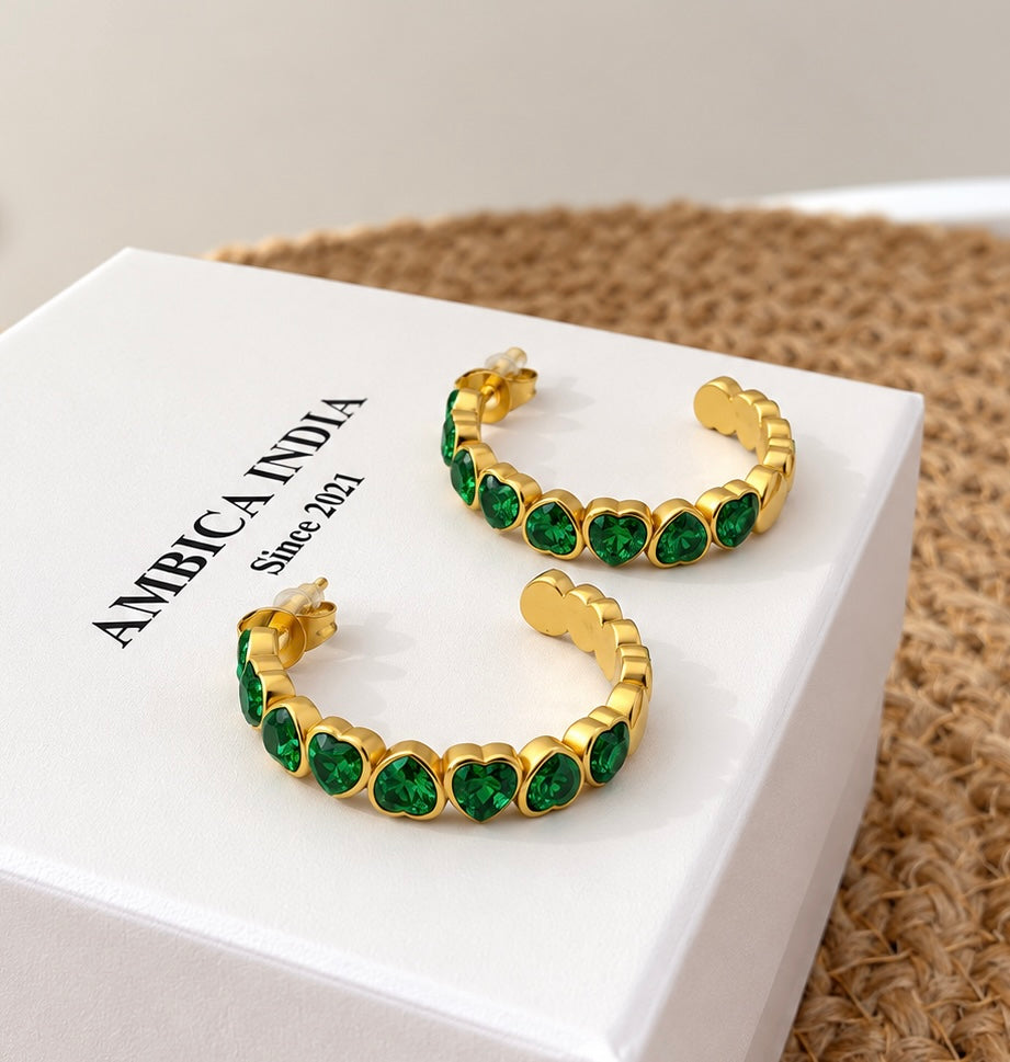 Green heart crystal hoops