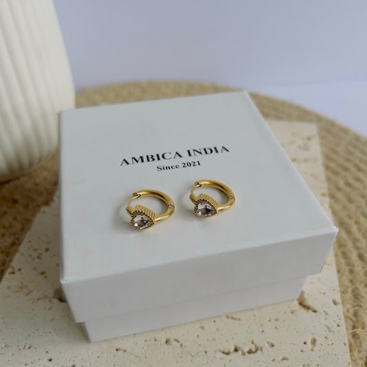 Heart white crystal bezel huggie earrings