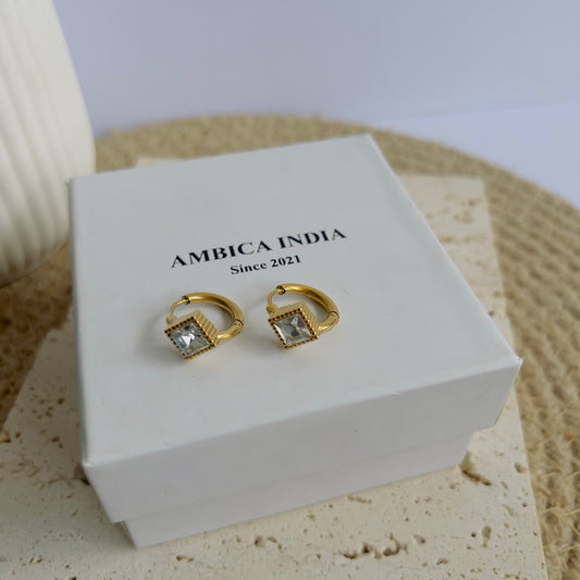 Triangle white crystal bezel huggie earrings