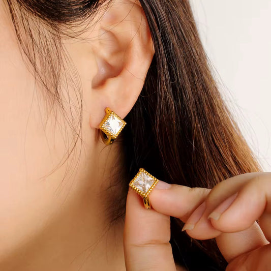 Triangle white crystal bezel huggie earrings