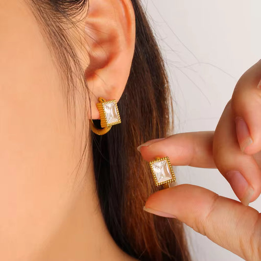 White crystal bezel huggie earrings