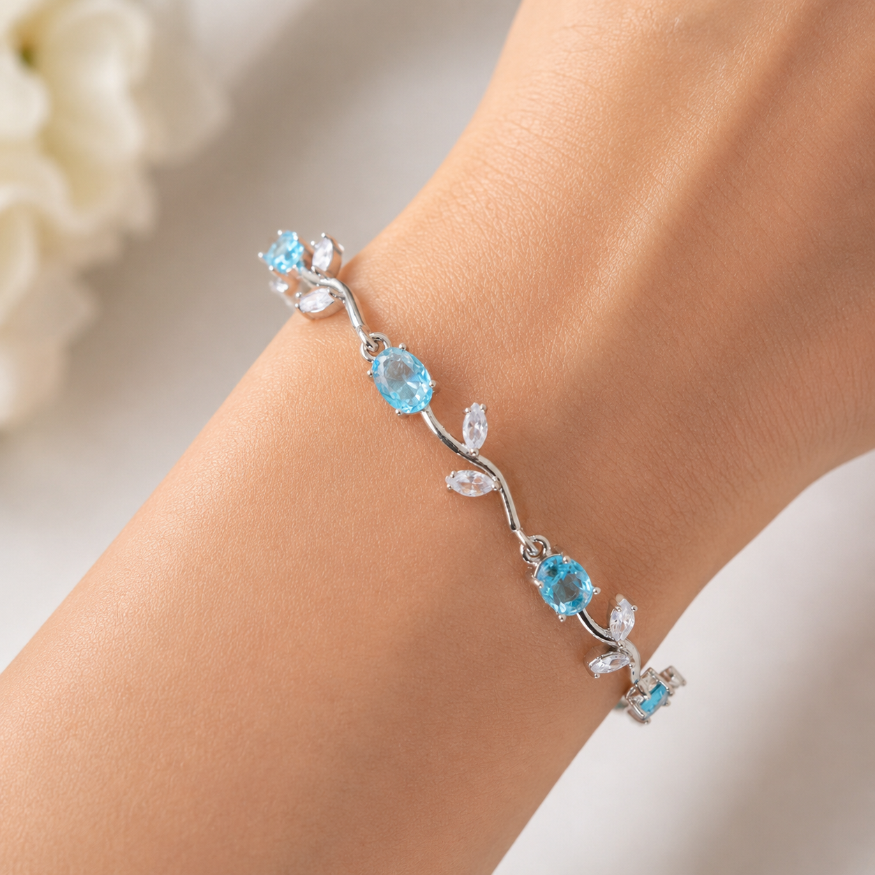 Sky blue with white silver tulip bracelet