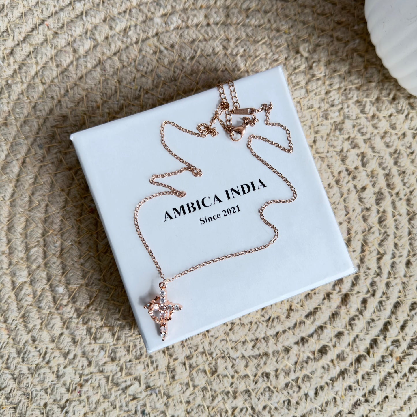 White crystal cross necklace Rose gold plated