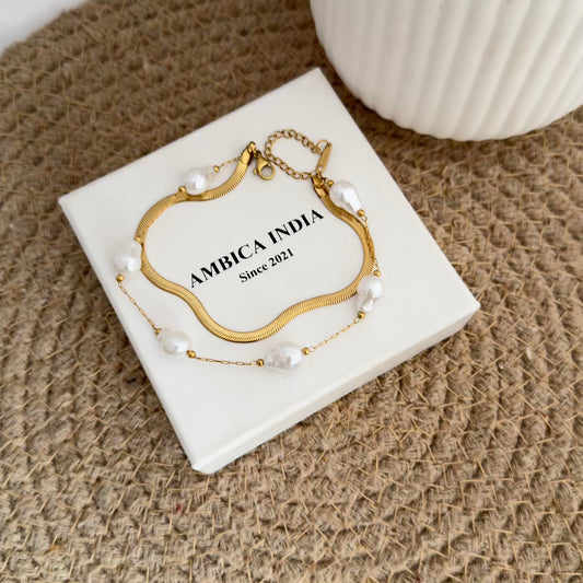Pearl with snake chain layered bracelet
