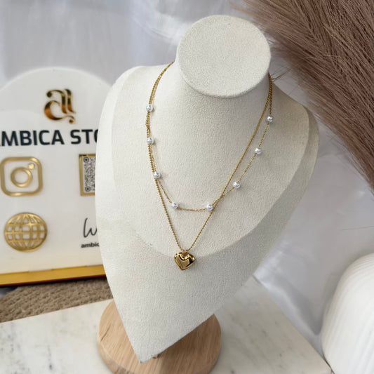 Pearl with heart layer necklace