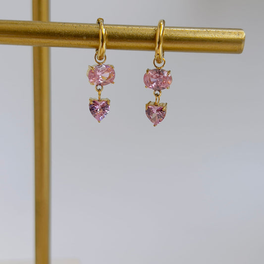 Heart with oval pink crystal drop earrings
