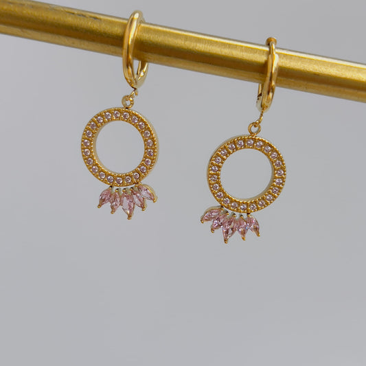 Round pink crystal drop earrings