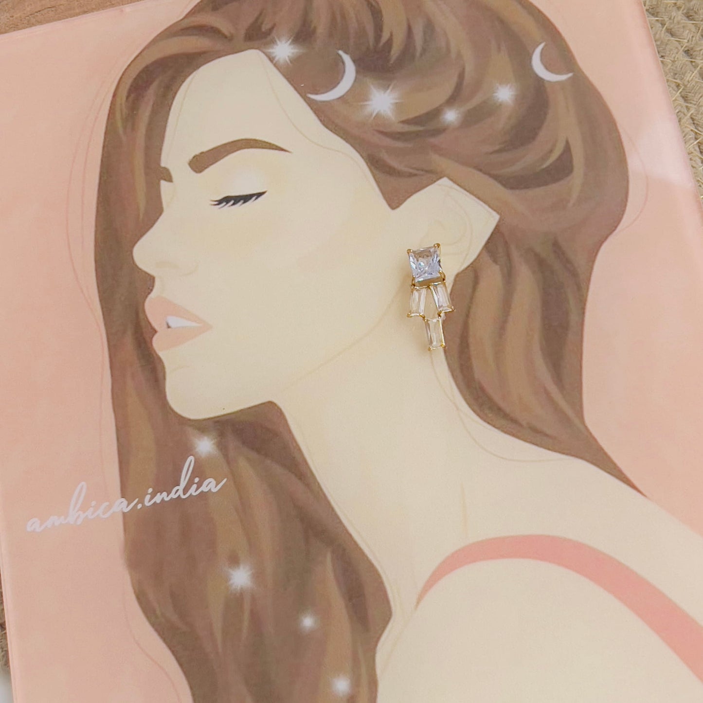Rectangle with Drop Pink crystal earrings