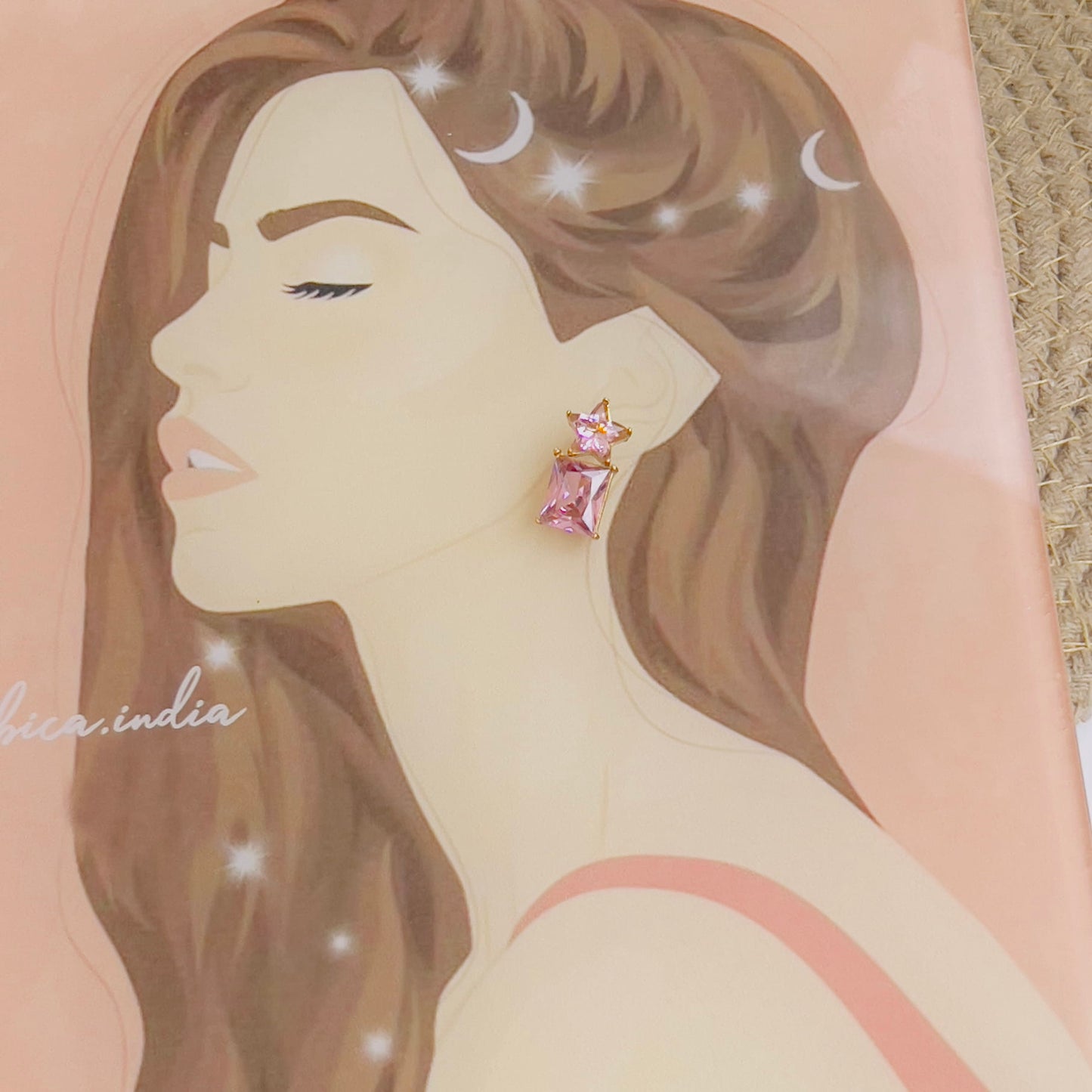 Star with square pink crystal earrings