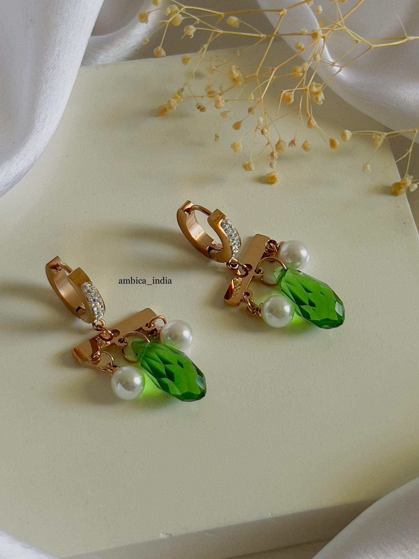 Green crystal with Pearl drop earrings