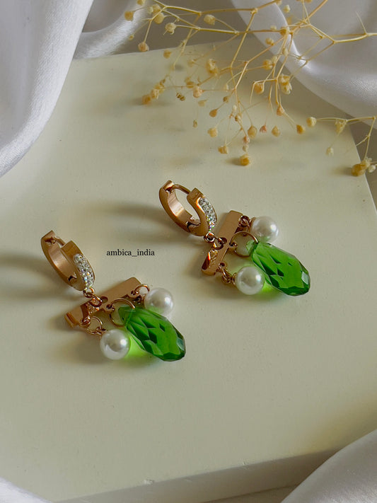 Green crystal with Pearl drop earrings