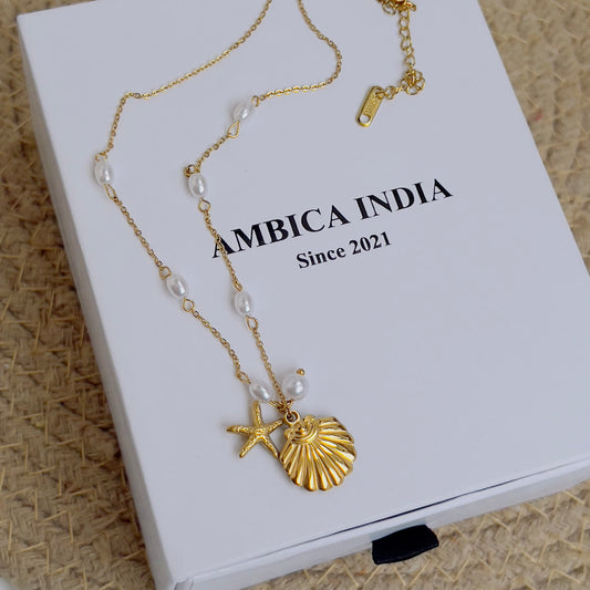 Pearl with shell & star necklace