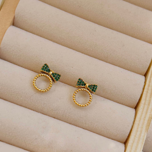 Green crystal bow earrings