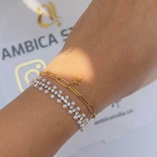 Star and Pearl link Wrap Bracelet