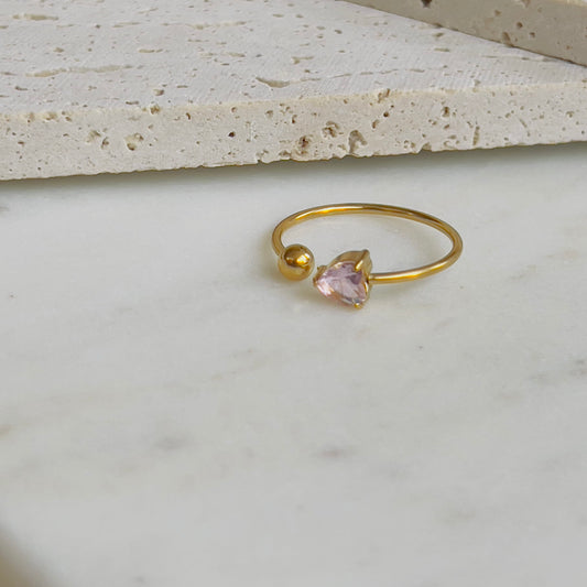 Pink heart crystal with ball adjustable ring