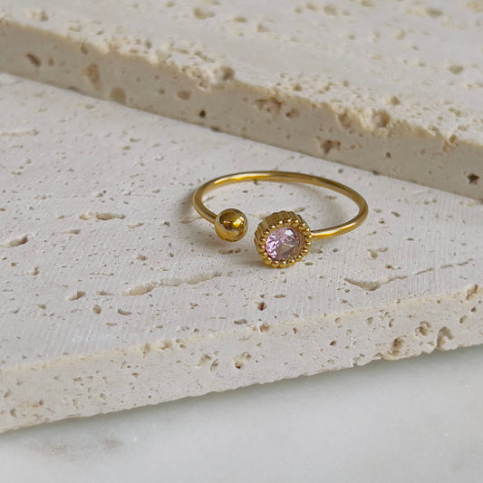 Tiny round pink crystal adjustable ring