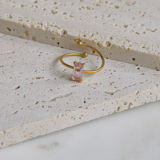 Rectangle pink crystal adjustable ring