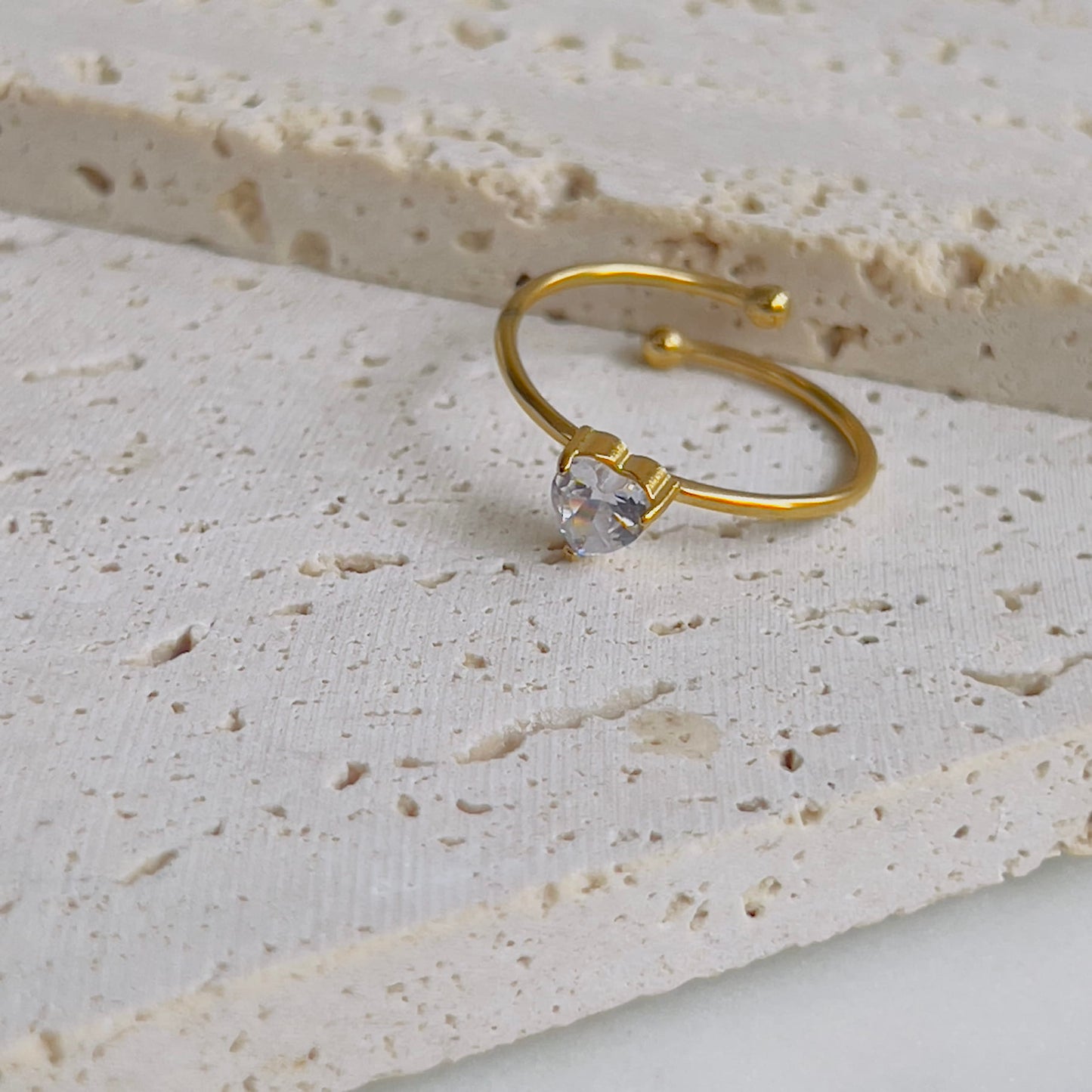 Tiny white crystal heart adjustable ring