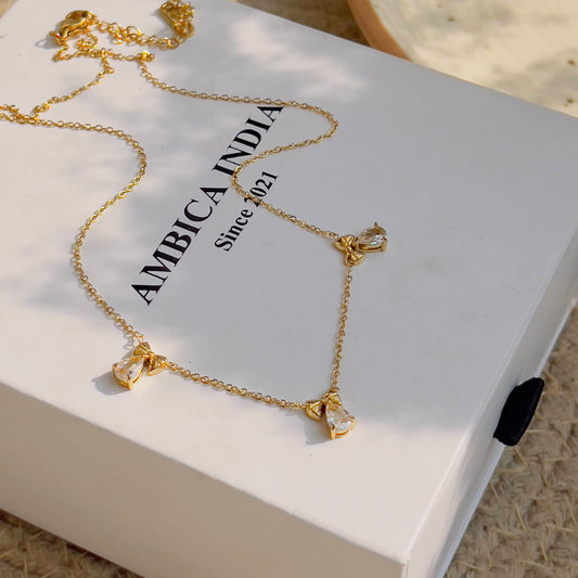 Tiny drop white crystal with bow minimal necklace