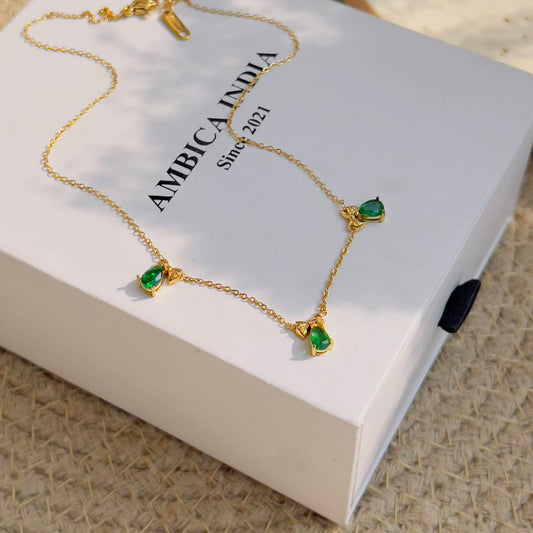 Tiny emerald drop with bow minimal necklace