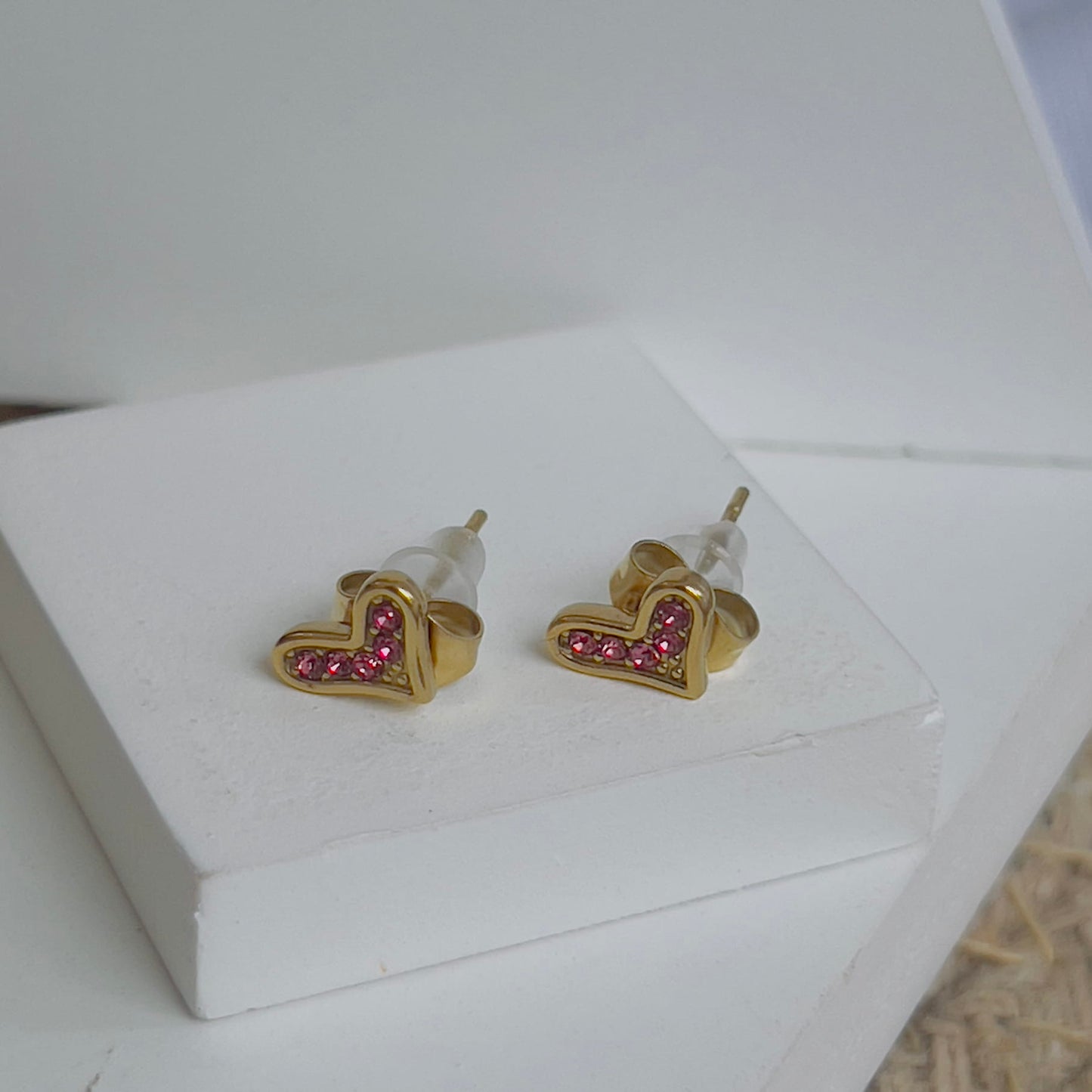 Tiny pink crystal heart earrings