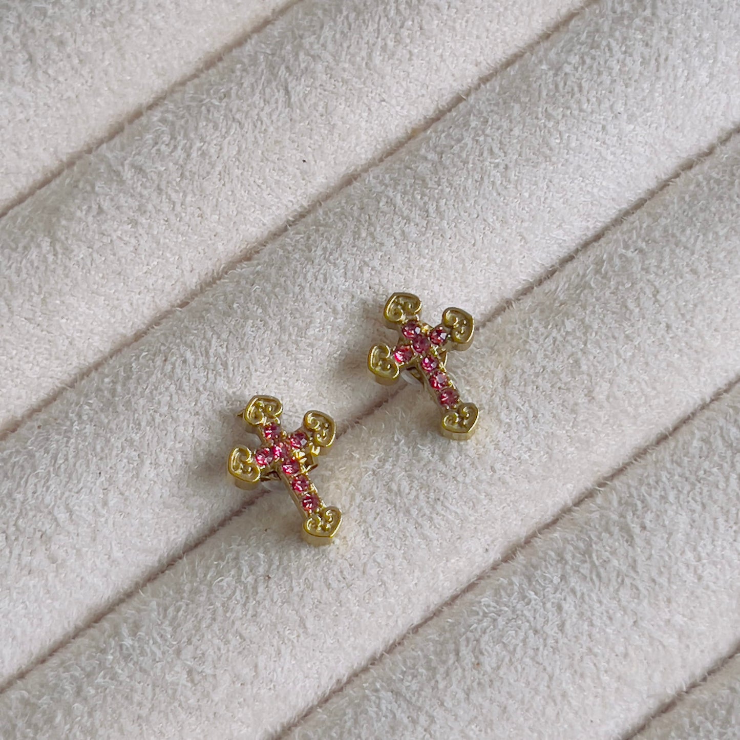 Tiny heart cross pink crystal earrings