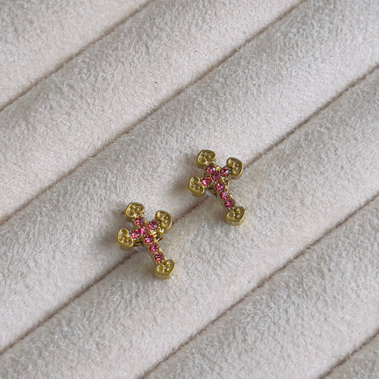 Tiny heart cross pink crystal earrings