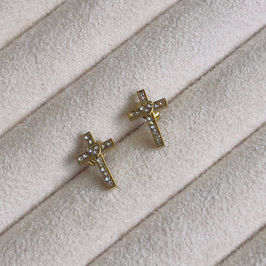 Cross white heart crystal earrings