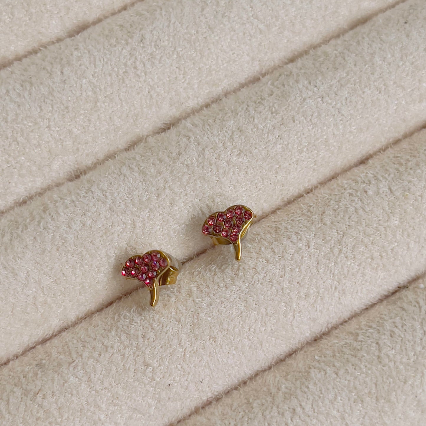 Tiny leaf earrings pink crystal
