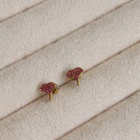 Tiny leaf earrings pink crystal