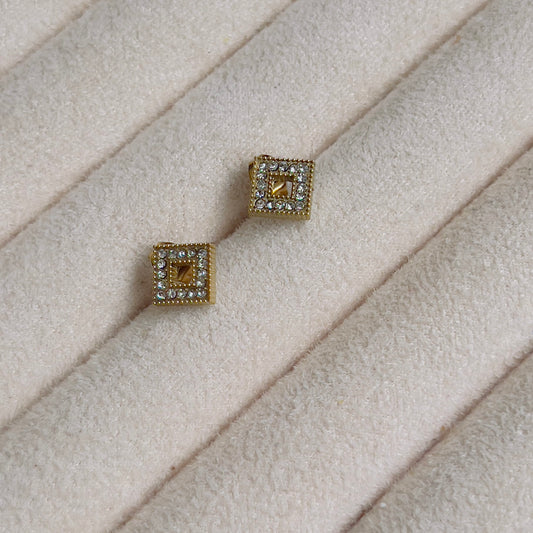 Tiny square white crystal earrings