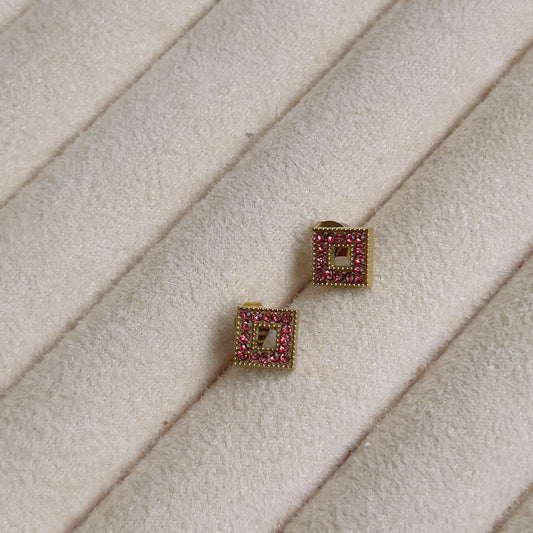 Tiny square pink crystal earrings