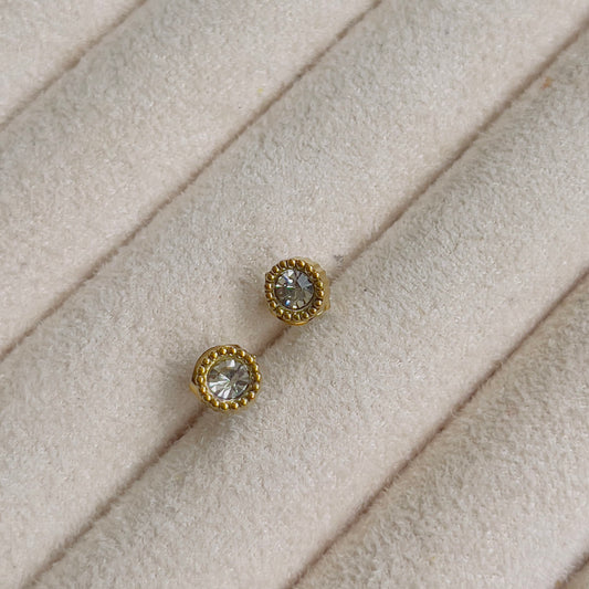 Tiny round white crystal earrings