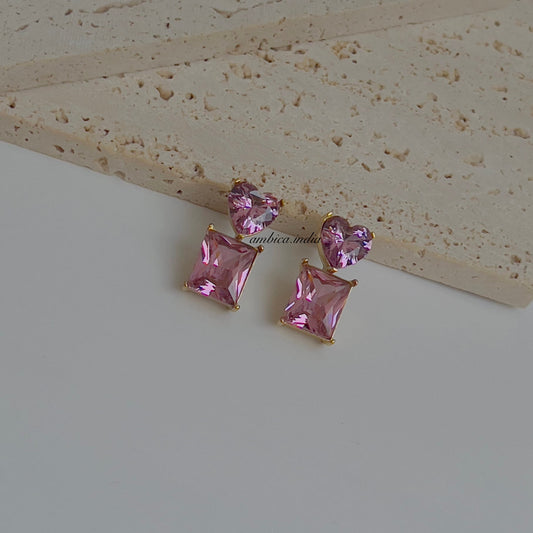 Heart with square crystal pink studs