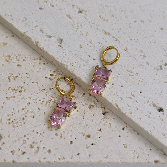 Pink rectangle with oval crystal drop earrings