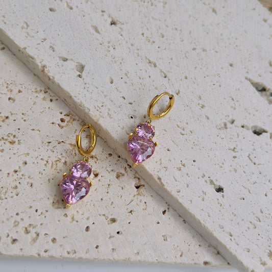 Heart pink  crystal drop earrings