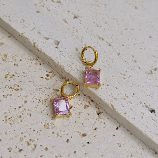 Square pink crystal drop earrings